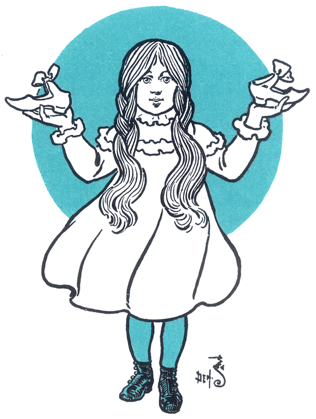 Denslow illustration of Dorothy's silver shoes from 1900