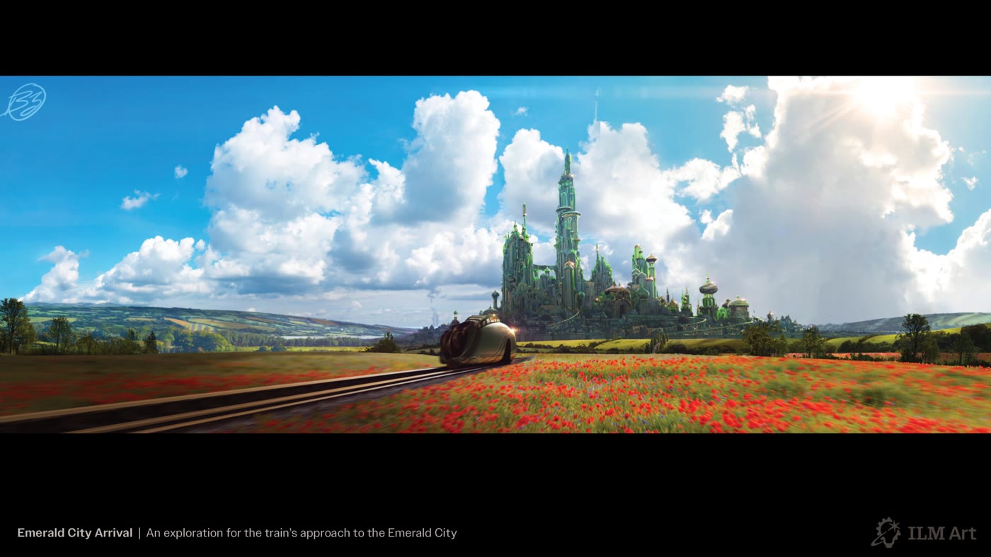 Concept art: the train approaches the Emerald City through a field of poppies