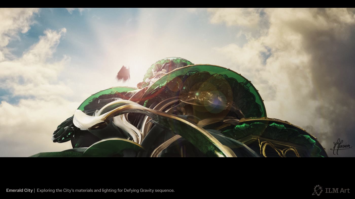 Concept art: looking up at the Emerald City during the Defying Gravity sequence