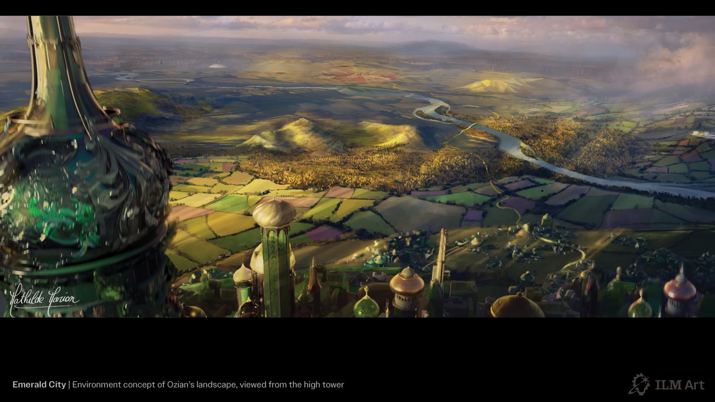 Concept art: view of the Land of Oz from high in the Emerald City
