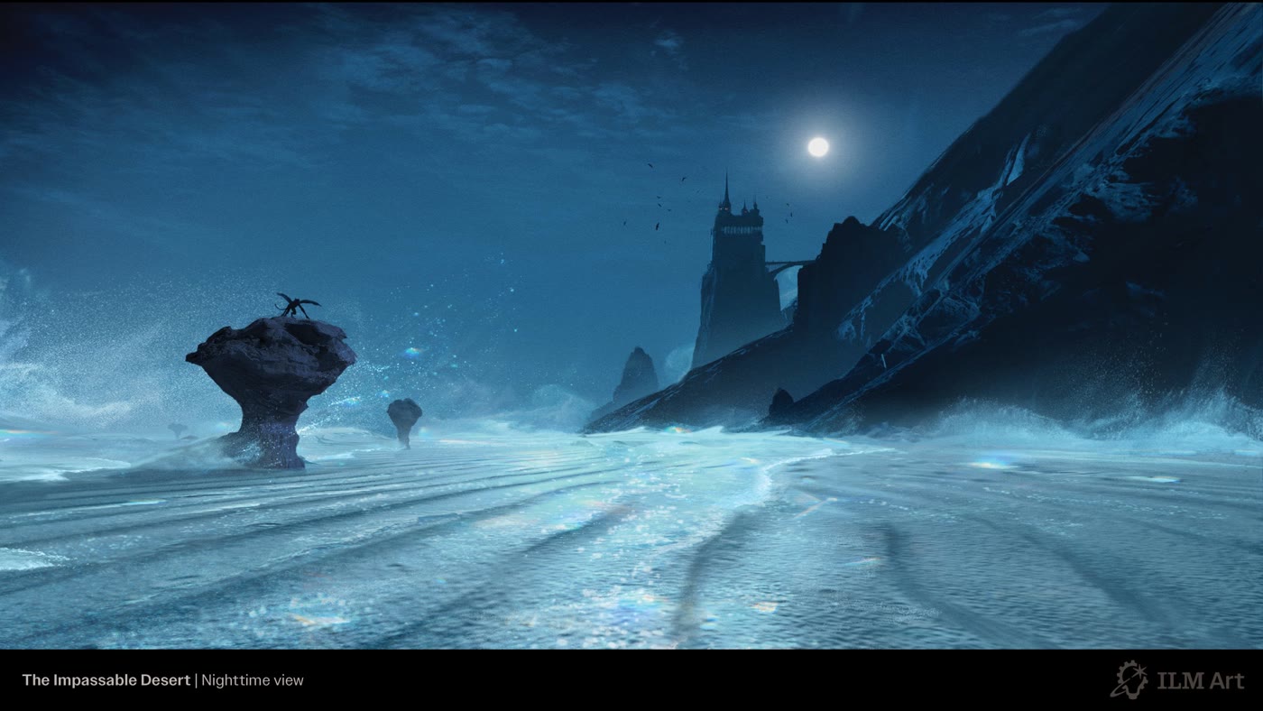 Concept art of the Impassable Desert at night, with Kiamo Ko on the horizon