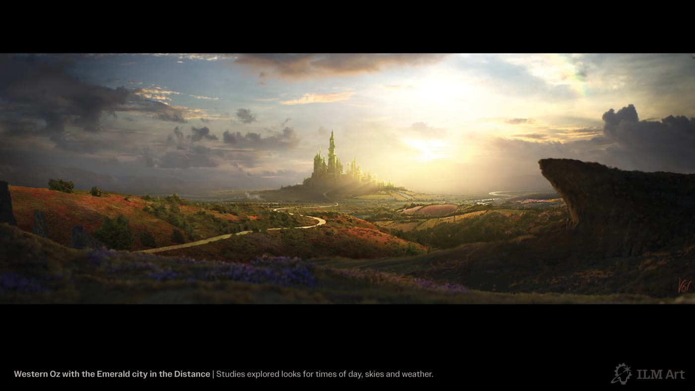 Concept art of the Land of Oz, with the Emerald City visible in the distance