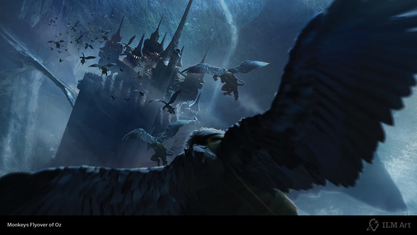 Concept art: winged monkeys flying over the Land of Oz